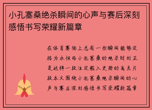 小孔塞桑绝杀瞬间的心声与赛后深刻感悟书写荣耀新篇章