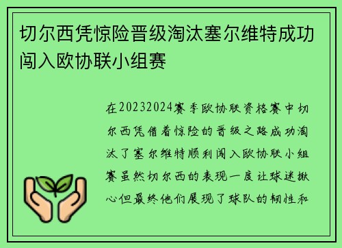 切尔西凭惊险晋级淘汰塞尔维特成功闯入欧协联小组赛 切尔西凭惊险晋级淘汰塞尔维特成功闯入欧协联小组赛