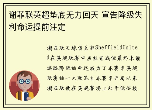 谢菲联英超垫底无力回天 宣告降级失利命运提前注定 谢菲联英超垫底无力回天 宣告降级失利命运提前注定